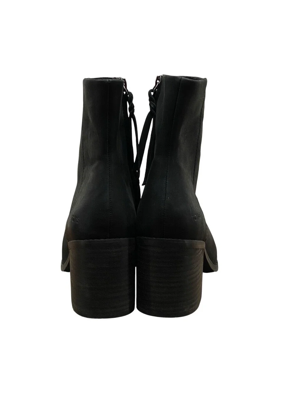TOMS Evelyn Black Leather Heeled Ankle Boots Side Zip Block Heel Women's 8.5